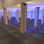 3D-s terv Dialux Evo segítségével elkészítve egy burkolatba süllyesztett oldalsó megvilágításról ami egy oszlopot vesz körbe a terv az alaprajzon levő összes oszlopon megjeleníti ezt 3 oldala 4000K hidegfehér ledszalag míg egy kék ledszalagot kapott a 3D tervben